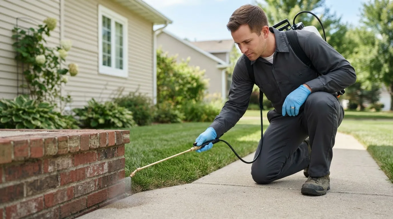Pest control technician treating a home near Amanda, OH