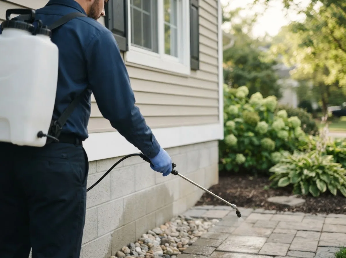 Pest control technician inspecting a home in Amanda, OH